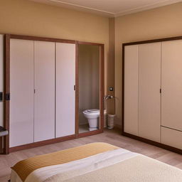 A medium-sized room furnished with a bed, a table, and two cupboards: one stationary and one movable. Situate the bathroom next to the entrance door.