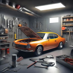A creative and artistic representation of car repair without showing any humans