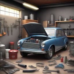 A creative and artistic representation of car repair without showing any humans