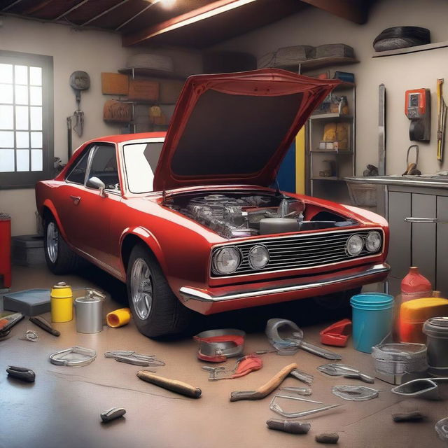 A creative and artistic representation of car repair without showing any humans