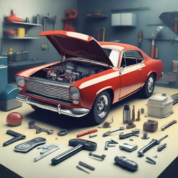 A creative and artistic representation of car repair without showing any humans