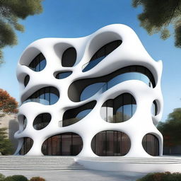 Diseña un edificio inspirado en el Ying Yang con formas curvas y fluidas, colores contrastantes blanco y negro, y un diseño armonioso y estéticamente agradable