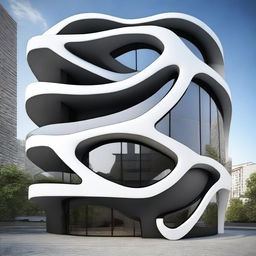 Diseña un edificio inspirado en el Ying Yang con formas curvas y fluidas, colores contrastantes blanco y negro, y un diseño armonioso y estéticamente agradable