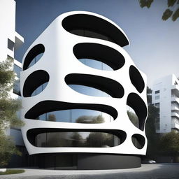 Diseña un edificio inspirado en el Ying Yang con formas curvas y fluidas, colores contrastantes blanco y negro, y un diseño armonioso y estéticamente agradable