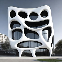 Diseña un edificio inspirado en el Ying Yang con formas curvas y fluidas, colores contrastantes blanco y negro, y un diseño armonioso y estéticamente agradable