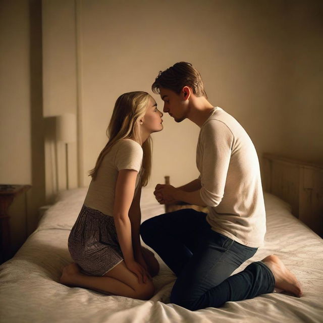 A 21-year-old British blonde man is kneeling by the bed, having a breakdown