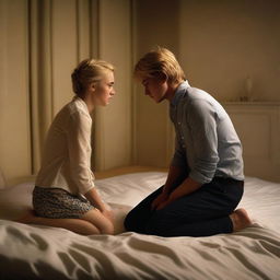 A 21-year-old British blonde man is kneeling by the bed, having a breakdown