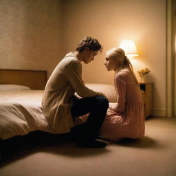 A 21-year-old British blonde man is kneeling by the bed, having a breakdown