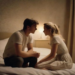 A 21-year-old British blonde man is kneeling by the bed, having a breakdown