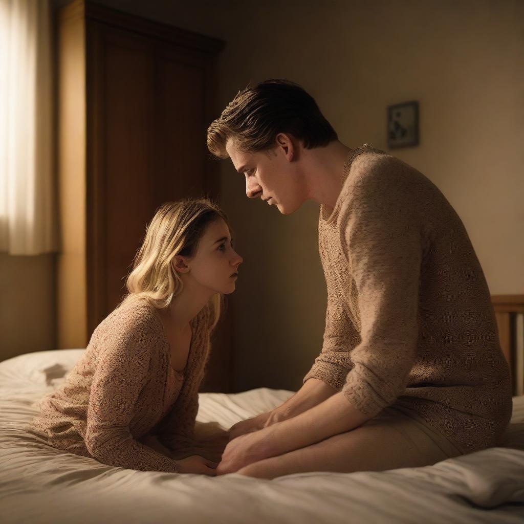 A 21-year-old British blonde man is kneeling down by the bed, having a breakdown