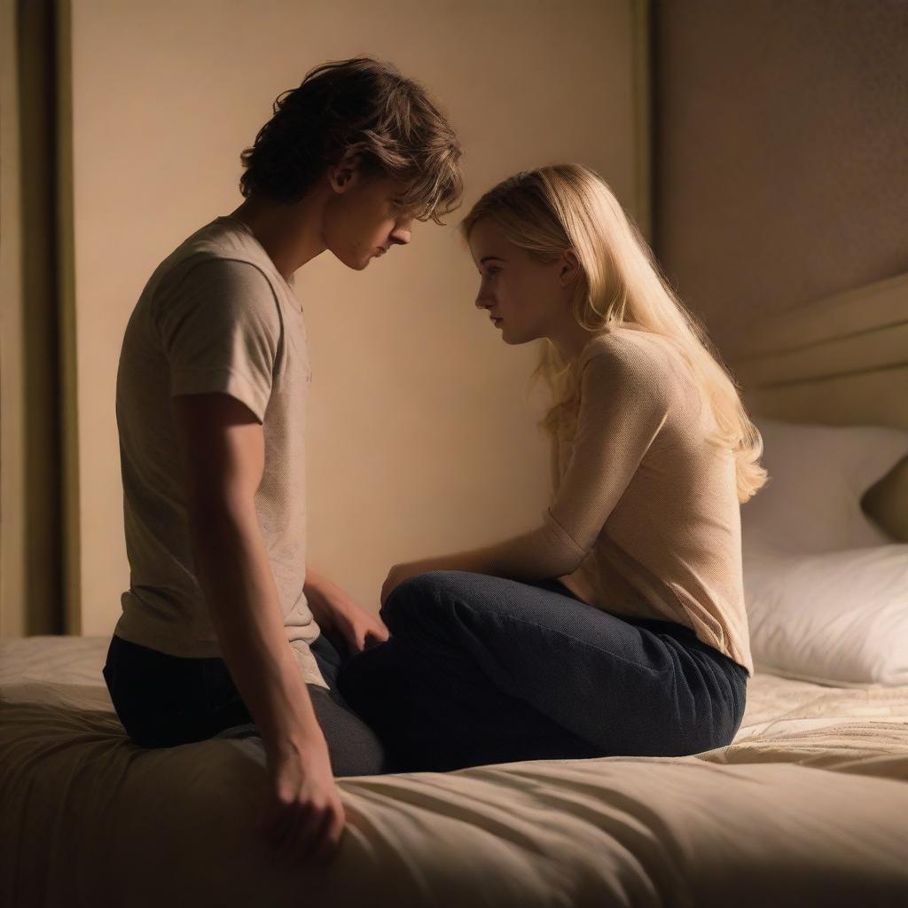 A 21-year-old British blonde man is kneeling down by the bed, having a breakdown