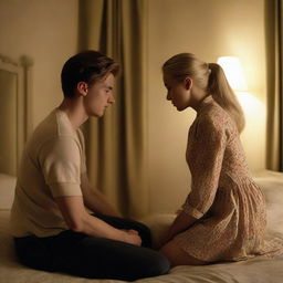 A 21-year-old British blonde man is kneeling down by the bed, having a breakdown