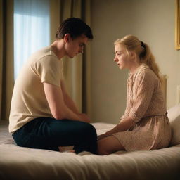 A 21-year-old British blonde man is kneeling down by the bed, having a breakdown