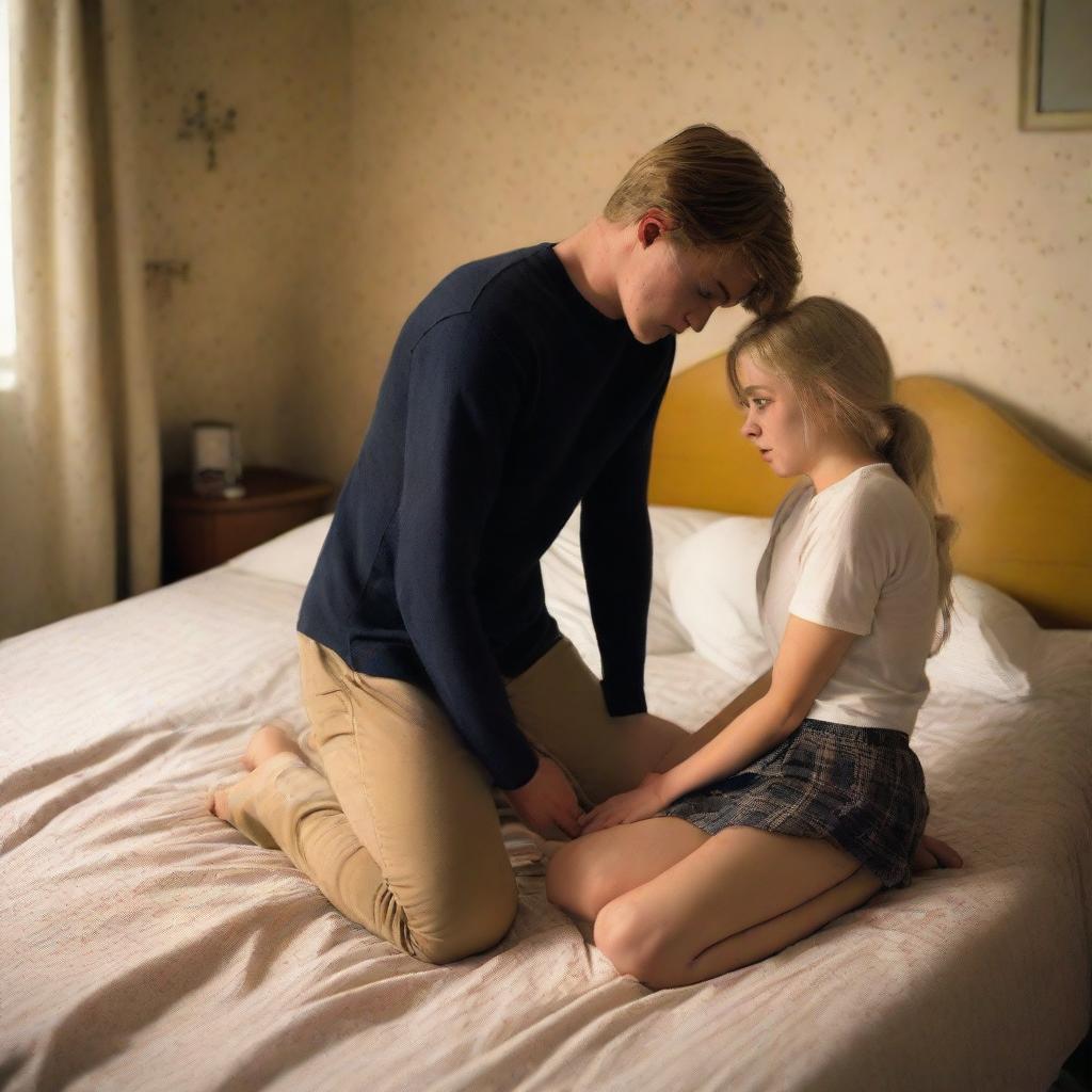 A 21-year-old British blonde man is kneeling down by the bed near the legs of a 20-year-old brunette girl, having a breakdown