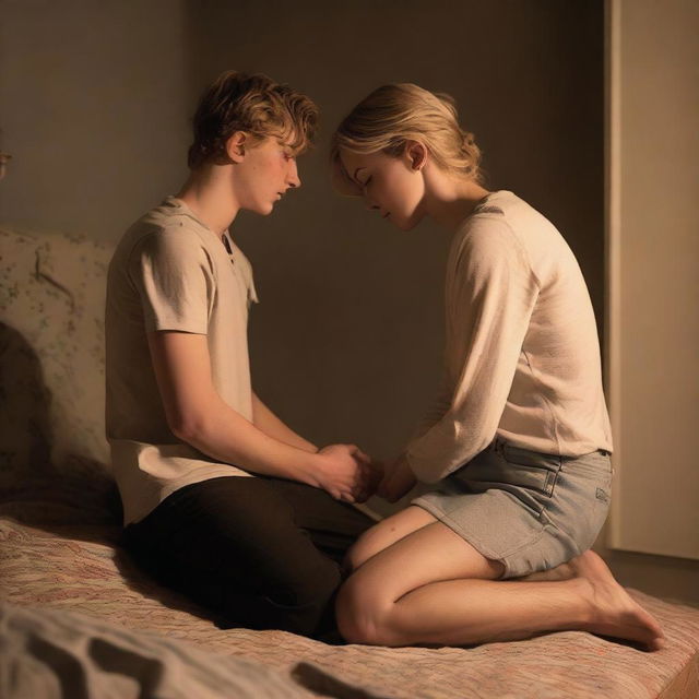 A 21-year-old British blonde man is kneeling down by the bed near the legs of a 20-year-old brunette girl, having a breakdown