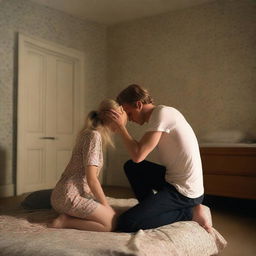 A 21-year-old British blonde man is kneeling down by the bed near the legs of a 20-year-old brunette girl, having a breakdown