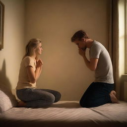 A 21-year-old British blonde man is kneeling down by the bed near the legs of a 20-year-old brunette girl, having a breakdown