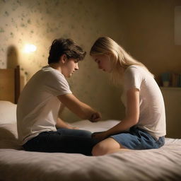 A 21-year-old British blonde man is kneeling down by the bed near the legs of a 20-year-old brunette girl, having a breakdown