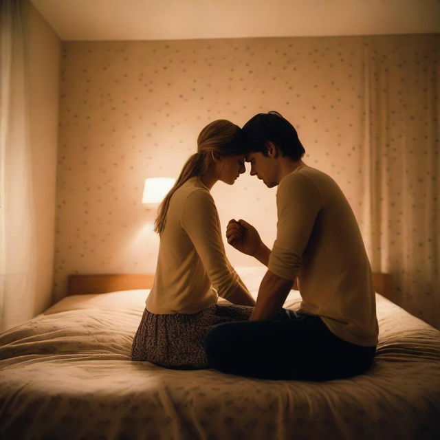 A 21-year-old British blonde man is kneeling down by the bed near the legs of a 20-year-old brunette girl, having a breakdown