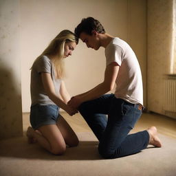 A 21-year-old British blonde man is kneeling down by the bed near the legs of a 20-year-old brunette girl, having a breakdown