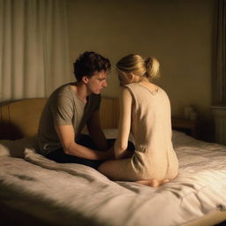 A 21-year-old British blonde man is kneeling down by the bed near the legs of a 20-year-old brunette girl, having a breakdown