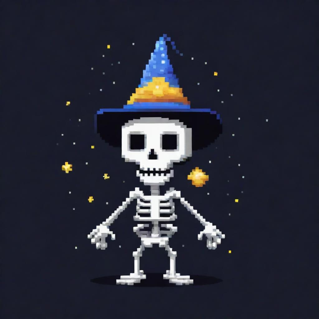 A pixelated skeleton wearing a wizard hat, sporting a mischievous grin holding the middle of a star while gazing at the night sky. The skeleton is a unique and engaging character in pixel art form.