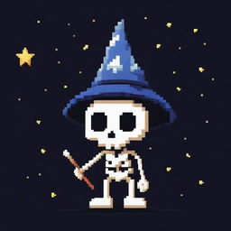 A pixelated skeleton wearing a wizard hat, sporting a mischievous grin holding the middle of a star while gazing at the night sky. The skeleton is a unique and engaging character in pixel art form.