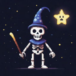 A pixelated skeleton wearing a wizard hat, sporting a mischievous grin holding the middle of a star while gazing at the night sky. The skeleton is a unique and engaging character in pixel art form.