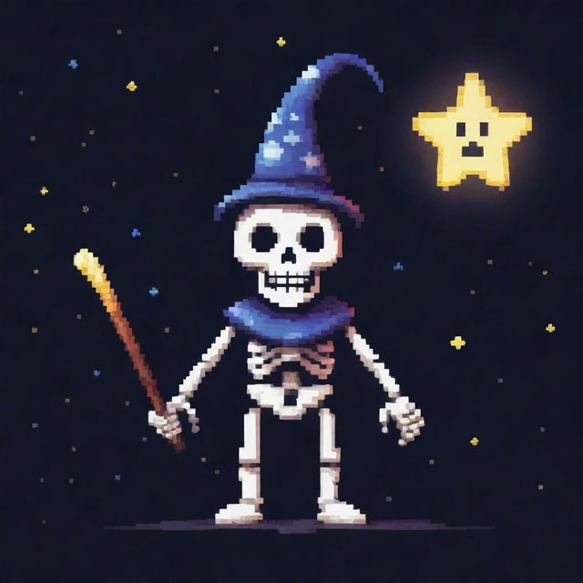 A pixelated skeleton wearing a wizard hat, sporting a mischievous grin holding the middle of a star while gazing at the night sky. The skeleton is a unique and engaging character in pixel art form.