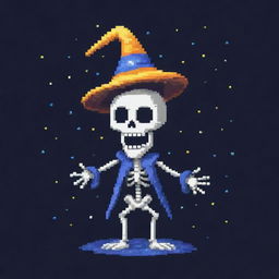 A pixelated skeleton wearing a wizard hat, sporting a mischievous grin holding the middle of a star while gazing at the night sky. The skeleton is a unique and engaging character in pixel art form.