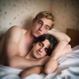 A 21-year-old British blonde man is lying on a bed shirtless, with a 20-year-old brunette sleeping next to him