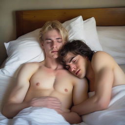 A 21-year-old British blonde man is lying on a bed shirtless, with a 20-year-old brunette girl sleeping next to him