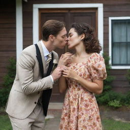 A girl with vitiligo disease, brown hair and wearing a floral dress, holding a sun-shaped ring in front of an old house. She is kissing a handsome, tall man in a suit, with a prosthetic left arm.