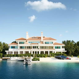 An opulent lifestyle of a billionaire featuring a luxury mansion, high-end cars, expensive fashion, private jet and mega yacht docked at a sunny private island.