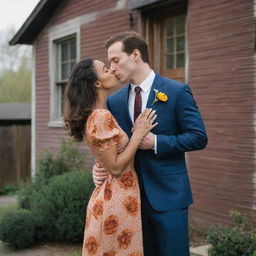 A girl with vitiligo disease, brown hair and wearing a floral dress, holding a sun-shaped ring in front of an old house. She is kissing a handsome, tall man in a suit, with a prosthetic left arm.