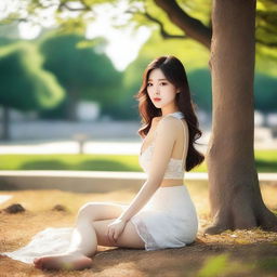 Create an image of a beautiful Korean girl in a public park, with a focus on her chest and the area between her thighs, embodying a concept of sensuality