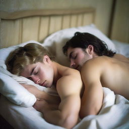 A 21-year-old British blonde man lying shirtless with his back pressed to the headboard, and a 20-year-old brunette girl sleeping with her head on his chest