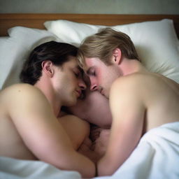 A 21-year-old British blonde man lying shirtless with his back pressed to the headboard, and a 20-year-old brunette girl sleeping with her head on his chest