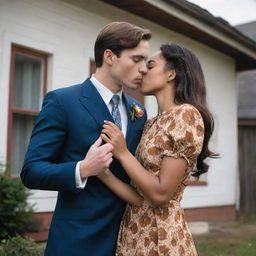 A girl with vitiligo disease, brown hair and wearing a floral dress, holding a sun-shaped ring in front of an old house. She is kissing a handsome, tall man in a suit, with a prosthetic left arm.