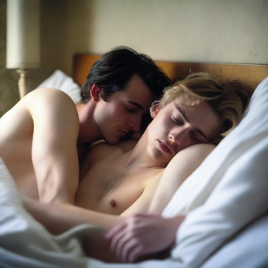 A 21-year-old British blonde man lying shirtless with his back pressed to the headboard, and a 20-year-old brunette girl sleeping with her head on his chest