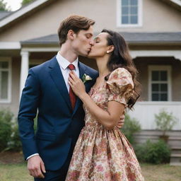 A girl with vitiligo disease, brown hair and wearing a floral dress, holding a sun-shaped ring in front of an old house. She is kissing a handsome, tall man in a suit, with a prosthetic left arm.