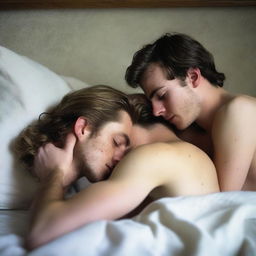 A 21-year-old British blonde man lying shirtless with his back pressed to the headboard, and a 20-year-old brunette girl sleeping with her head on his chest