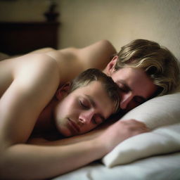 A 21-year-old British blonde man lying shirtless with his back pressed to the headboard, looking down tenderly at a 20-year-old brunette girl who is sleeping with her head on his chest