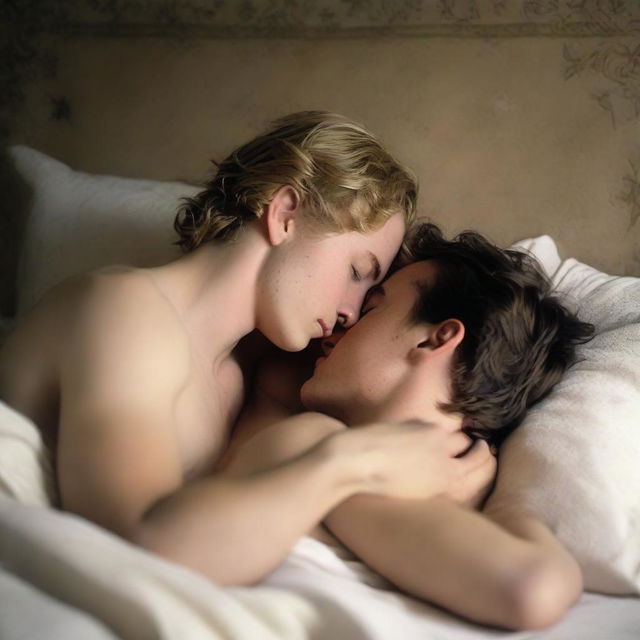 A 21-year-old British blonde man lying shirtless with his back pressed to the headboard, looking down tenderly at a 20-year-old brunette girl who is sleeping with her head on his chest