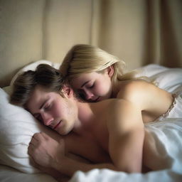 A 21-year-old British blonde man lying shirtless with his back pressed to the headboard, looking down tenderly at a 20-year-old brunette girl who is sleeping with her head on his chest