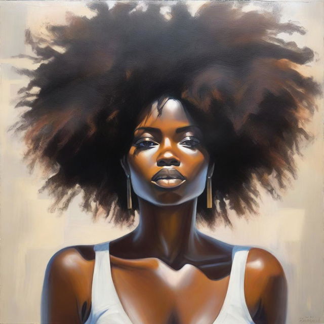 A polished oil-based painting depicting a full view of a beautiful black woman with an afro hairstyle