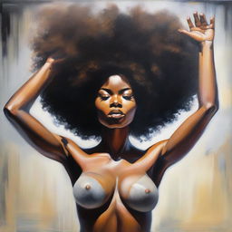 A polished oil-based painting depicting a full view of a beautiful black woman with an afro hairstyle