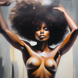 A polished oil-based painting depicting a full view of a beautiful black woman with an afro hairstyle