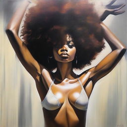 A polished oil-based painting depicting a full view of a beautiful black woman with an afro hairstyle