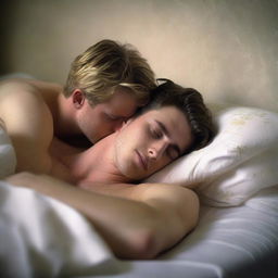 A 21-year-old British blonde man lying shirtless with his back against the headboard, looking down tenderly at a 20-year-old brunette woman who is sleeping with her head on his chest